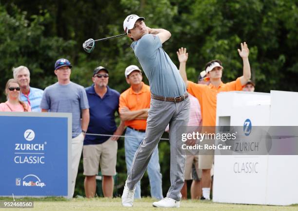 Kevin Kisner plays his shot from the eighth tee during the third round of the Zurich Classic at TPC Louisiana on April 28, 2018 in Avondale,...