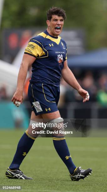 Donncha O'Callaghan, the Worcester Warriors captain, shouts instructions during the Aviva Premiership match between Worcester Warriors and Harlequins...