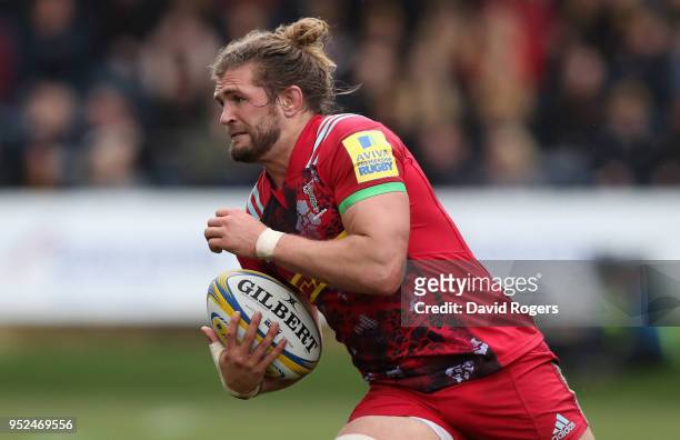 Luke Wallace of Harlequins runs with the ball during the Aviva Premiership match between Worcester Warriors and Harlequins at Sixways Stadium on...