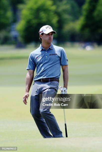 Kevin Kisner plays his shot on the seventh hole during the third round of the Zurich Classic at TPC Louisiana on April 28, 2018 in Avondale,...