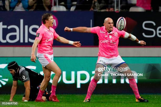 Stade Francais's Italian number eight Sergio Parisse reacts after he scored a try during the French Top 14 rugby union match between Paris Stade...
