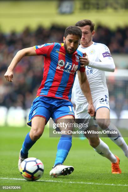 Andros Townsend of Crystal Palace and Ben Chilwell of Leicester battle for the ball during the Premier League match between Crystal Palace and...