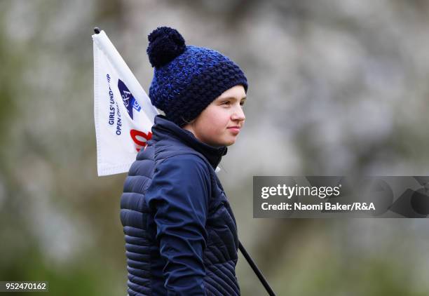 Elena Moosmann looks on on the 18th green during the second round of the Girls' U16 Open Championship at Fulford Golf Club on April 28, 2018 in York,...