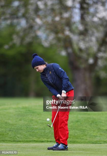 Elena Moosmann putts on the 18th green during the second round of the Girls' U16 Open Championship at Fulford Golf Club on April 28, 2018 in York,...