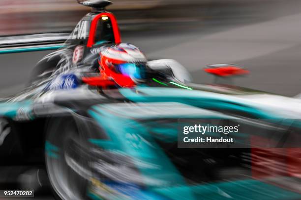 In this handout provided by Jaguar Racing, Mitch Evans , Panasonic Jaguar Racing, Jaguar I-Type II during the Paris ePrix, Round 8 of the 2017/18 FIA...