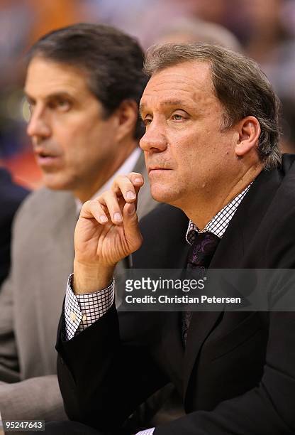Head coach Flip Saunders of the Washington Wizards watches from the bench during the NBA game against the Phoenix Suns at US Airways Center on...