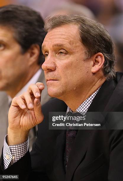 Head coach Flip Saunders of the Washington Wizards watches from the bench during the NBA game against the Phoenix Suns at US Airways Center on...