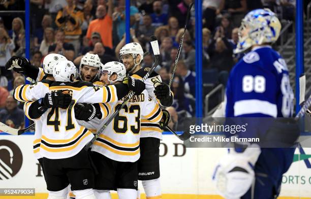 Rick Nash of the Boston Bruins celebrates a power play goal on Andrei Vasilevskiy during Game One of the Eastern Conference Second Round during the...