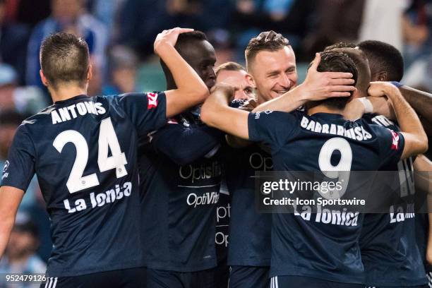 Melbourne Victory celebrate after a goal at the A-League Semi-Final Soccer Match between Sydney FC and Melbourne Victory on April 28, 2018 at Allianz...