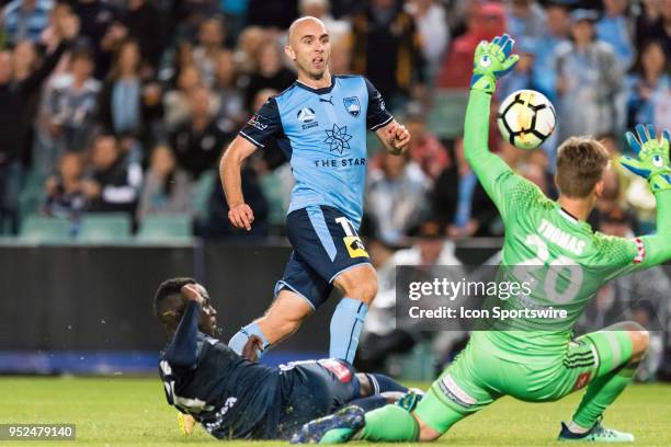 Sydney FC midfielder Adrian Mierzejewski takes a shot at the A-League Semi-Final Soccer Match between Sydney FC and Melbourne Victory on April 28,...