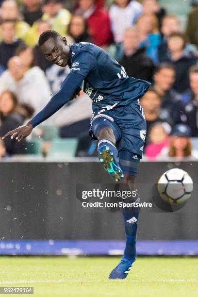 Melbourne Victory forward Kenny Athiu strikes the ball at the A-League Semi-Final Soccer Match between Sydney FC and Melbourne Victory on April 28,...