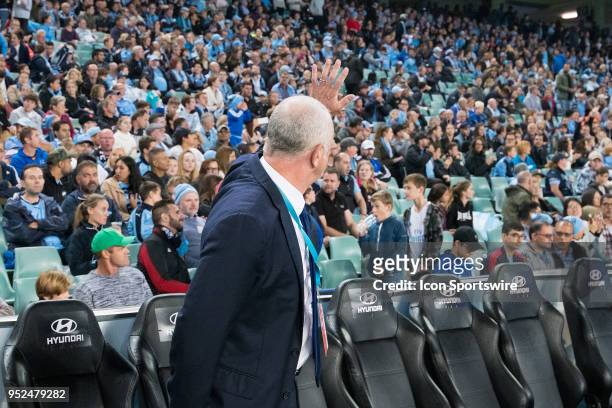 Sydney FC and new Socceroo coach Graham Arnold acknowledges the crowd at the A-League Semi-Final Soccer Match between Sydney FC and Melbourne Victory...