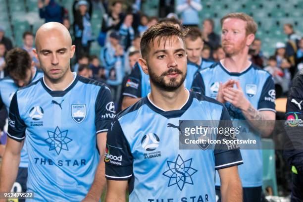 An unhappy Sydney FC defender Michael Zullo after the game at the A-League Semi-Final Soccer Match between Sydney FC and Melbourne Victory on April...