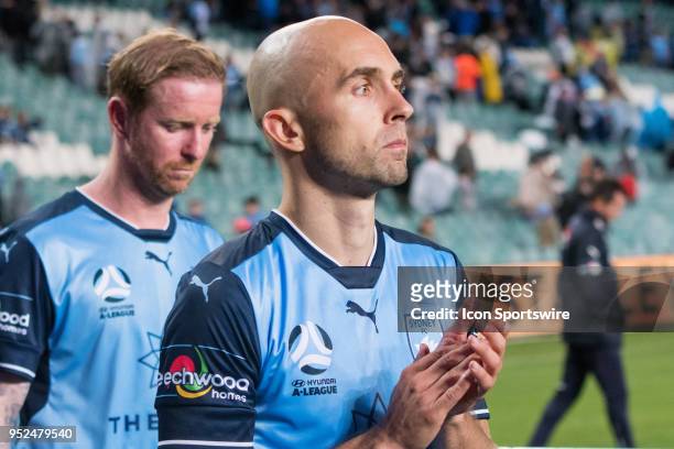 An unhappy Sydney FC midfielder Adrian Mierzejewski after the game at the A-League Semi-Final Soccer Match between Sydney FC and Melbourne Victory on...