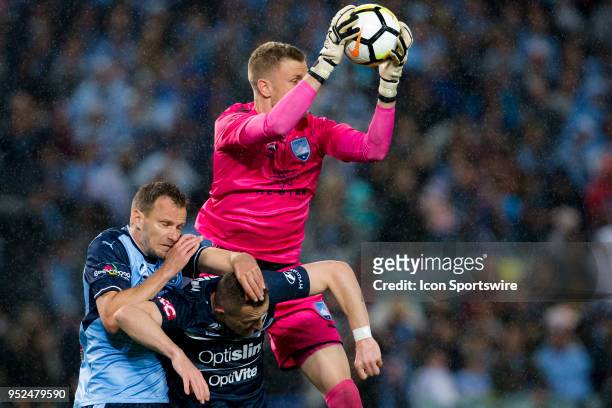 Sydney FC goalkeeper Andrew Redmayne catches a cross under pressure at the A-League Soccer Semi Final Match between Sydney FC and Melbourne Victory...