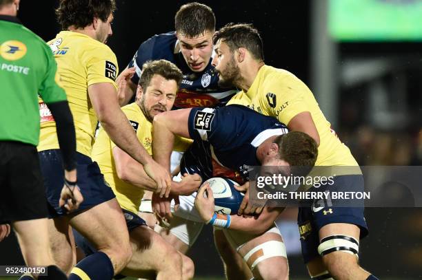 Agen captain Dominique Erbani runs with the ball during the French Top 14 rugby union match between SU Agen and ASM Clermont on April 28, 2018 at the...