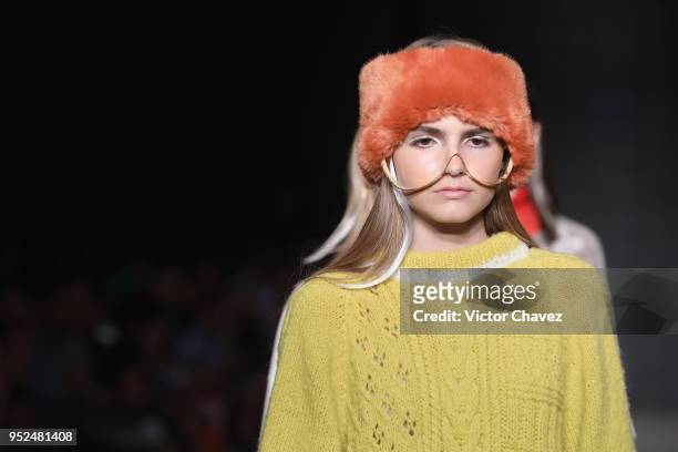 Model walks the runway during the Armando Takeda show at Mercedes Benz Fashion Week Mexico Fall/Winter 2018 at Fronton Mexico on April 26, 2018 in...