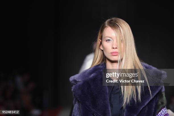 Model walks the runway during the Armando Takeda show at Mercedes Benz Fashion Week Mexico Fall/Winter 2018 at Fronton Mexico on April 26, 2018 in...