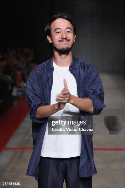 Fashion designer Armando Takeda walks the runway during the day 5 of Mercedes Benz Fashion Week Mexico Fall/Winter 2018 at Fronton Mexico on April...