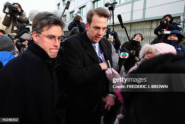 Embassy official Gregory May makes remarks to journalists following the verdict for the trial of leading Chinese dissident Liu Xiaobao on December...