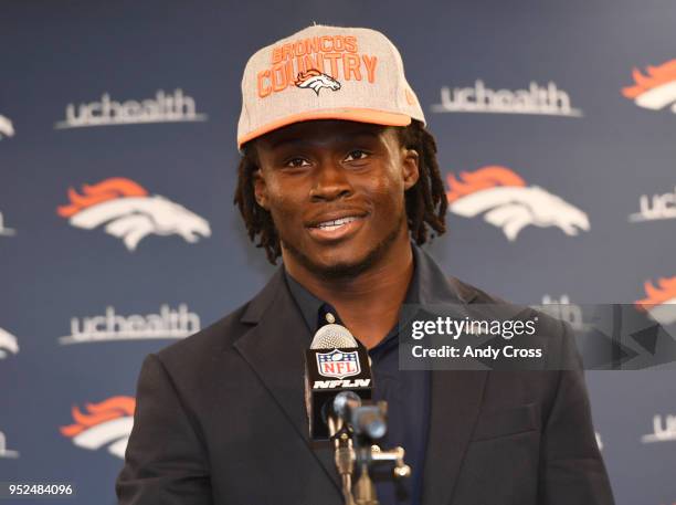 Denver Broncos third round draft pick Isaac Yiadom during his introductory press conference at Dove Valley April 28, 2018.