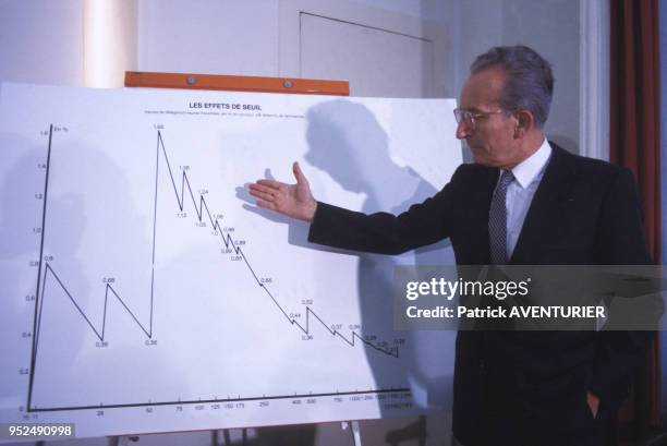 Yvon Gattaz, président du CNPF, devant un graphique lors d'une conférence de presse le 10 septembre 1984 à Paris, France.