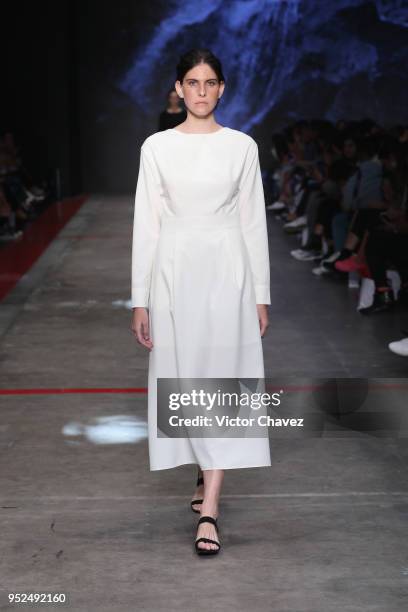 Model walks the runway during the Shinae Park show at Mercedes Benz Fashion Week Mexico Fall/Winter 2018 at Fronton Mexico on April 26, 2018 in...