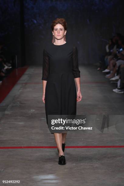 Model walks the runway during the Shinae Park show at Mercedes Benz Fashion Week Mexico Fall/Winter 2018 at Fronton Mexico on April 26, 2018 in...