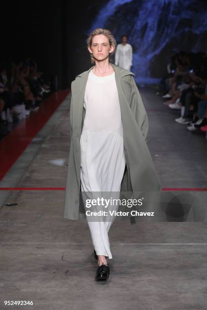 Model walks the runway during the Shinae Park show at Mercedes Benz Fashion Week Mexico Fall/Winter 2018 at Fronton Mexico on April 26, 2018 in...