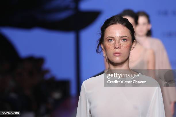 Model walks the runway during the Shinae Park show at Mercedes Benz Fashion Week Mexico Fall/Winter 2018 at Fronton Mexico on April 26, 2018 in...