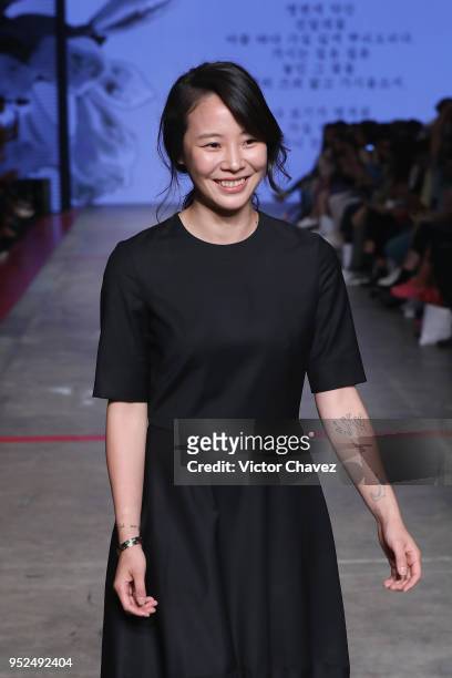 Fashion designer Shinae Park walks the runway during the day 5 of Mercedes Benz Fashion Week Mexico Fall/Winter 2018 at Fronton Mexico on April 26,...
