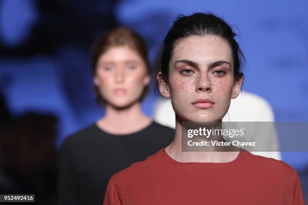 Model walks the runway during the Shinae Park show at Mercedes Benz Fashion Week Mexico Fall/Winter 2018 at Fronton Mexico on April 26, 2018 in...