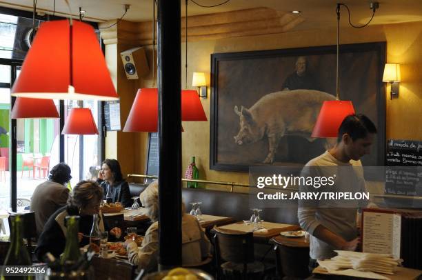 Les Petits Carreaux restaurant and brasserie located in Montorgueil street, Montorgueil and Les Halles area, 2 nd district in Paris, Ile de France...