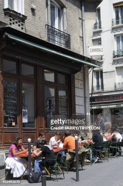 The terrace of Le Cannibale cafe bar and restaurant located Jean Pierre Timbaud street in Belleville and Menilmontant area, 11 th district in Paris,...