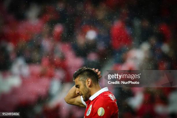 Benfica's Argentinian forward Eduardo Salvio reacts during the Portuguese League football match between SL Benfica and Tondela at Luz Stadium in...