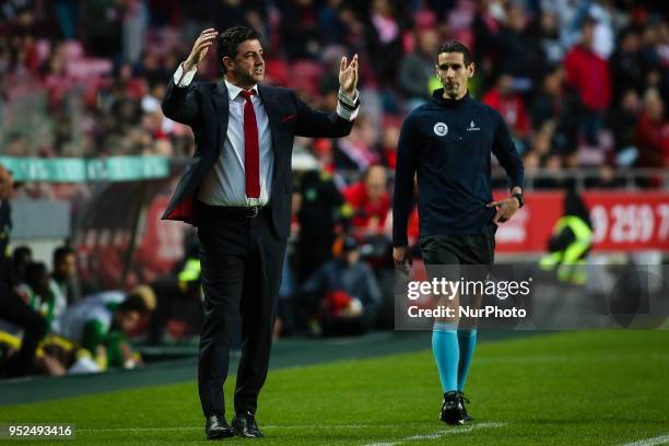 Benfica's coach Rui Vitoria reacts during the Portuguese League football match between SL Benfica and Tondela at Luz Stadium in Lisbon on April 28,...