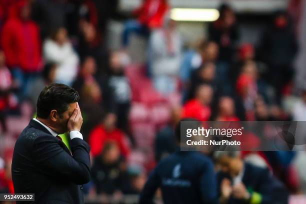 Benfica's coach Rui Vitoria reacts during the Portuguese League football match between SL Benfica and Tondela at Luz Stadium in Lisbon on April 28,...