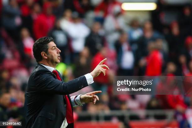 Benfica's coach Rui Vitoria reacts during the Portuguese League football match between SL Benfica and Tondela at Luz Stadium in Lisbon on April 28,...