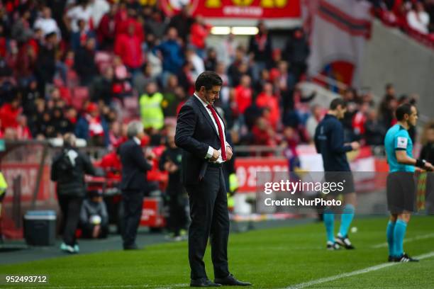 Benfica's coach Rui Vitoria reacts during the Portuguese League football match between SL Benfica and Tondela at Luz Stadium in Lisbon on April 28,...