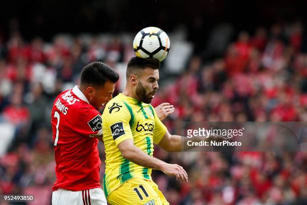Tondela's forward Miguel Cardoso heads for the ball with Benfica's midfielder Andreas Samaris during the Portuguese League football match between SL...