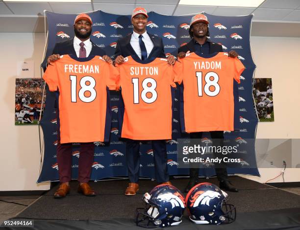 Denver Broncos draft picks from left to right, Royce Freeman, Courtland Sutton and Isaac Yiadom at Dove Valley April 28, 2018.