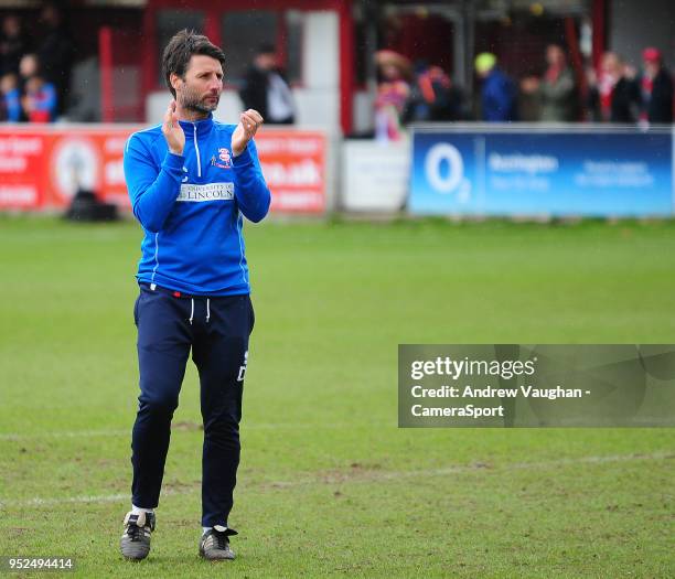 Lincoln City manager Danny Cowley applauds the fans at the final whistle following the Sky Bet League Two match between Accrington Stanley and...