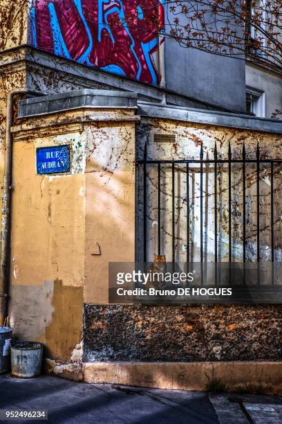 Chat sur un mur de la rue Audran, quartier de Montmartre, Paris, France.