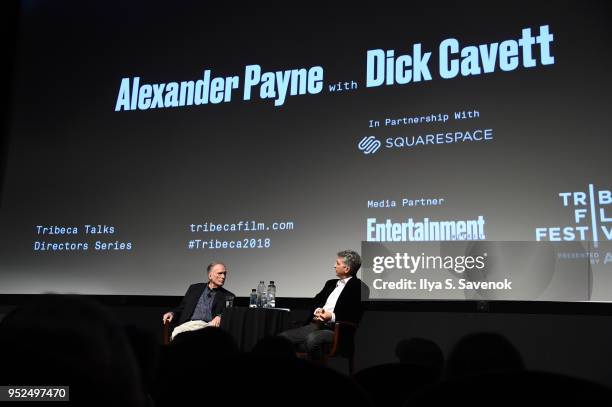 Dick Cavett and Alexander Payne attend Director's Series: Alexander Payne during 2018 Tribeca Film Festival at SVA Theater on April 28, 2018 in New...