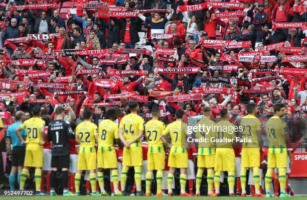 Benfica supporters in action before the start of the Primeira Liga match between SL Benfica and CD Tondela at Estadio da Luz on April 28, 2018 in...