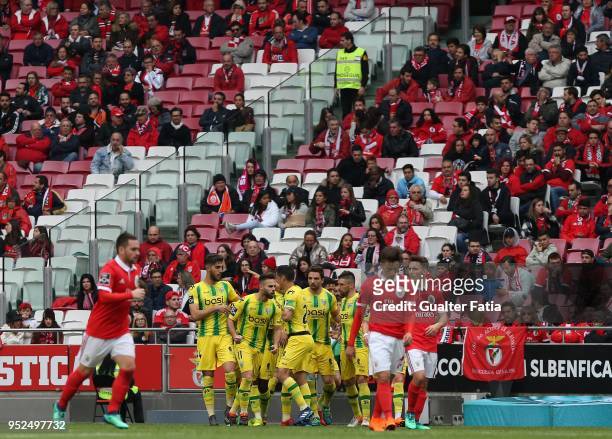 Tondela forward Miguel Cardoso from Portugal celebrates with teammates after scoring a goal during the Primeira Liga match between SL Benfica and CD...