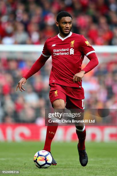 Joe Gomez of Liverpool in action during the Premier League match between Liverpool and Stoke City at Anfield on April 28, 2018 in Liverpool, England.