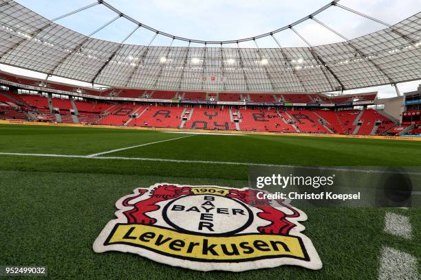 General view of the BayArena prior to the Bundesliga match between Bayer 04 Leverkusen and VfB Stuttgart at BayArena on April 28, 2018 in Leverkusen,...