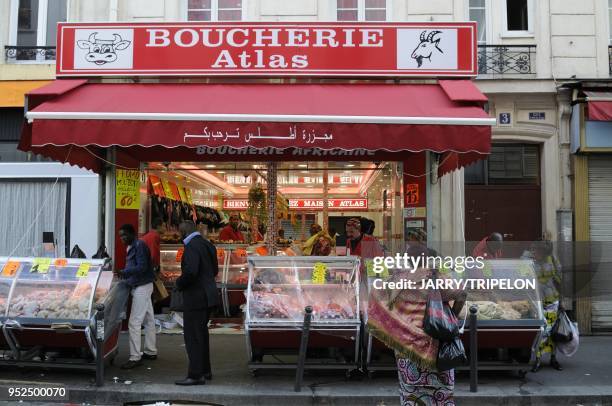 Halal butcher s shop in the Saint Jean food market of Goutte d Or district. 18 th district in Paris, Ile de France region, France.