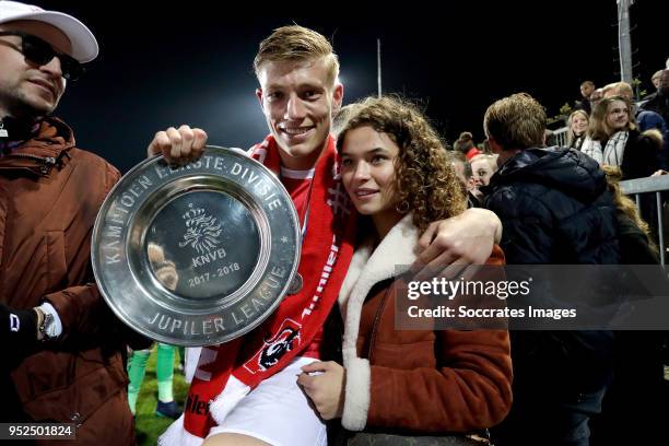 Zian Flemming of Ajax U23 celebrates the championship with the trophy and his girlfriend during the Dutch Jupiler League match between Ajax U23 v MVV...